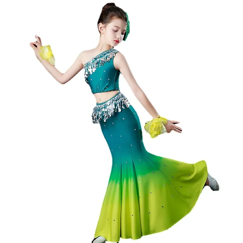 Girs Belly Dance Costume Indian Traditional Dress Peacock Dance Costumes Minority Folk Chinese Dai Dance Fish Tail  Dress