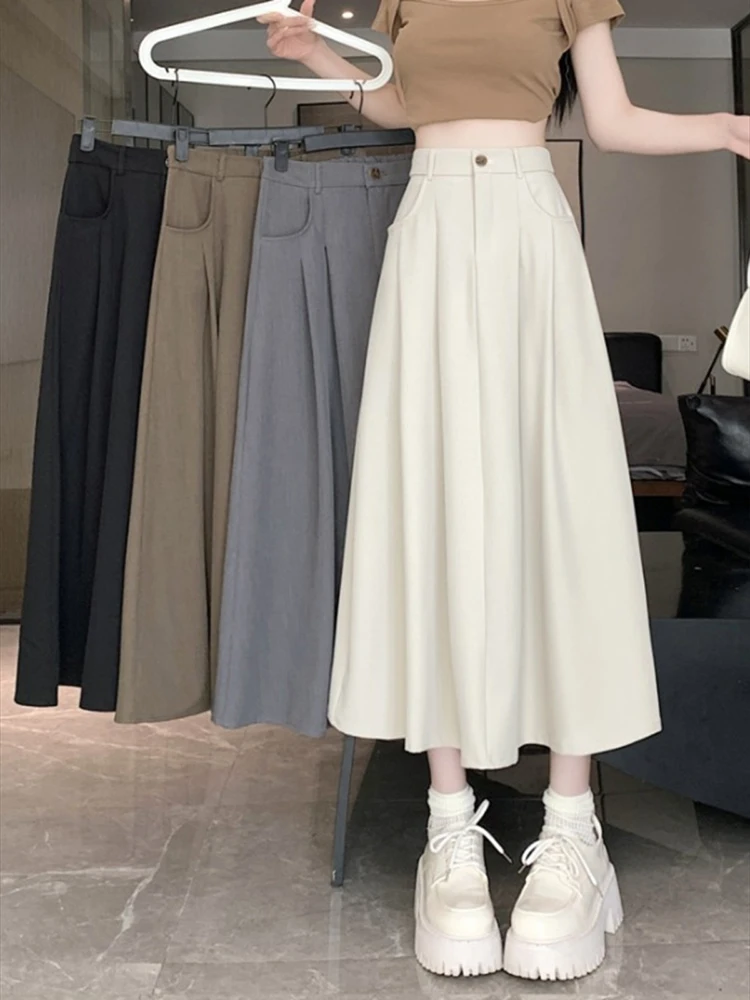 

Korean Women Skirts Solid New High Waisted Pleated Female Skirt A-line Long Fashion Skirt Spring Summer 2024