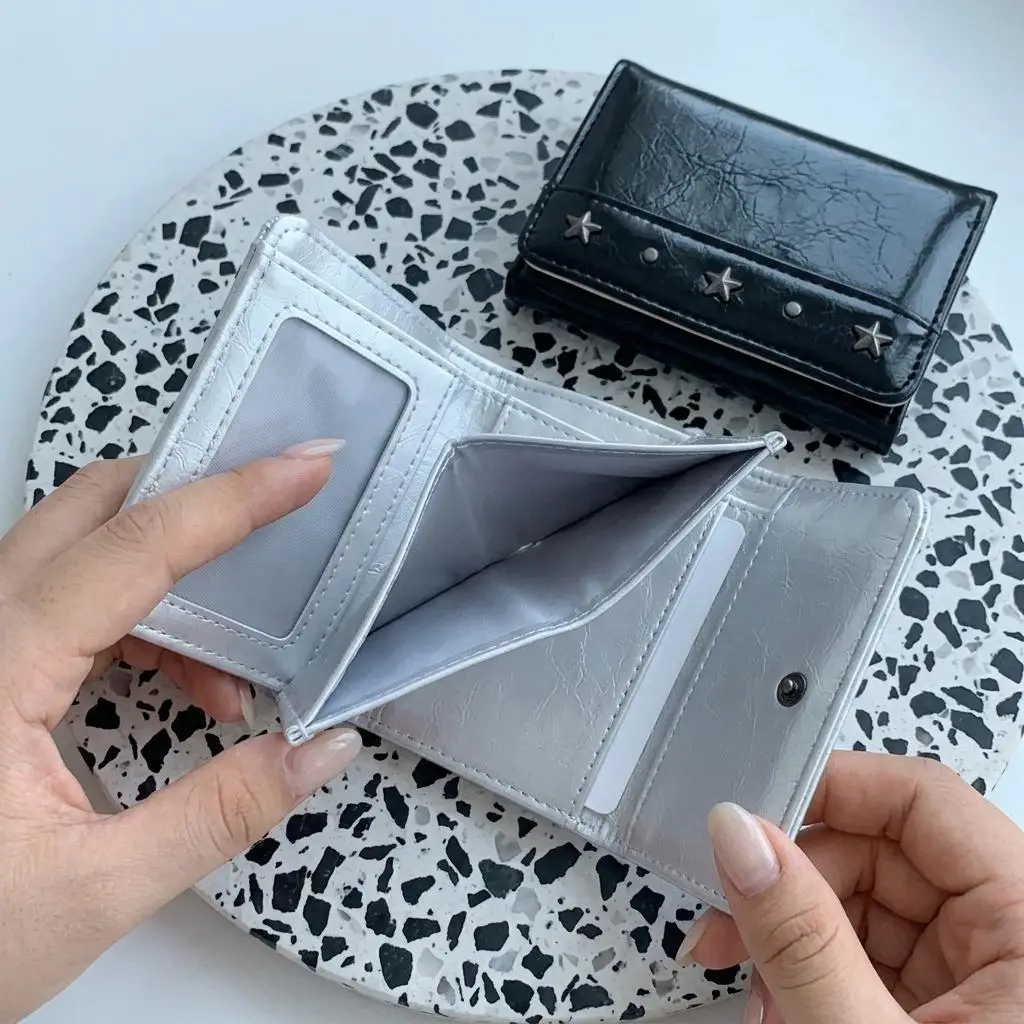 Portefeuille court à étoiles en cuir PU froissé, style Y2K punk, porte-cartes esthétique, pochette compacte rétro à rivets, bourse pliante pour filles