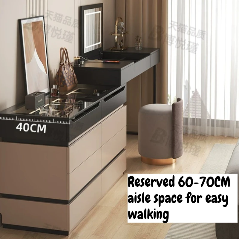Mid Century Retro Vanity Table Set Wood Flip LED Light Mirror Dressing Table Large Capacity Storage Bedroom Makeup Furniture