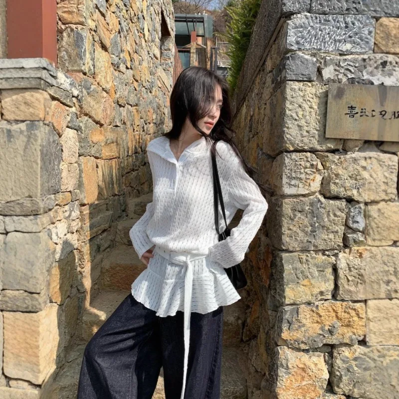 

2025 Spring Korean Version Hollow Lace Ruffle Edge Long-sleeved Knitted Sweater Niche Hooded Sweater Female Tide
