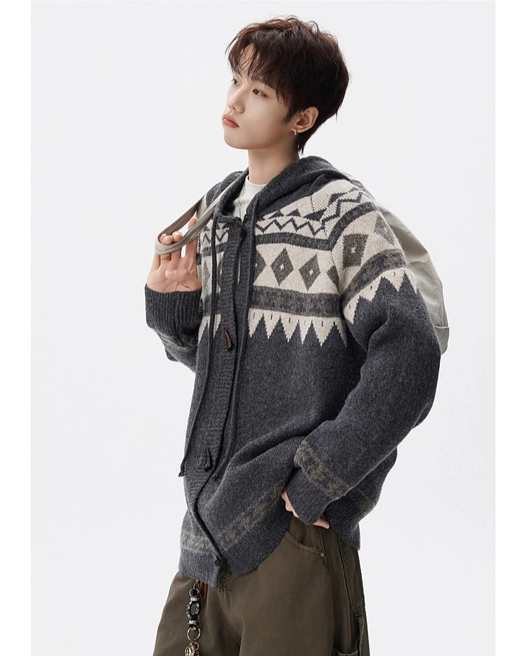 2025 Autumn and Winter New Hot Sale Men's Retro Jacquard Loose Casual Daily Gray Horn Button Hooded Knitted Cardigan