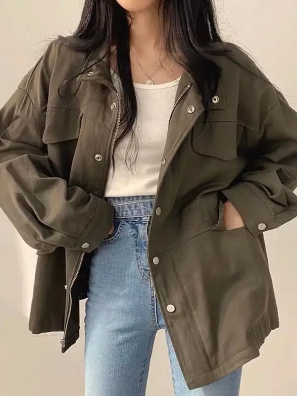 

Retro Sle Loose Women's Jaet with Waist Cinching ket Design And Dstring ort Outerwear for Ladies Polyester Fiber