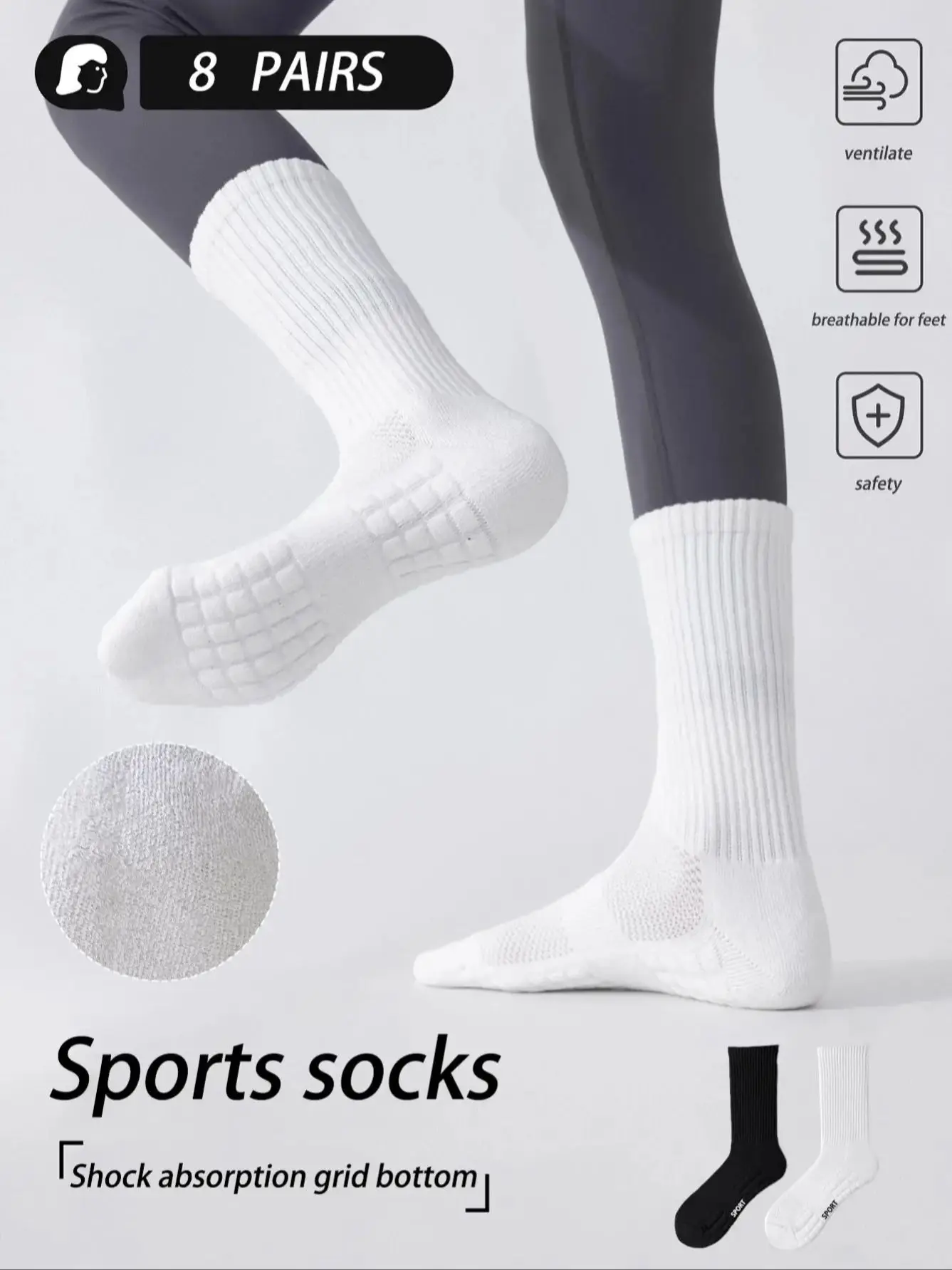 8 Pairs of Women's Mesh Breathable Massage-Soled Sports Knee-High Socks, Black and White Solid Color, Autumn and Winter Waist-Cinching, Simple, Wear-Resistant, Non-Slip Basketball Socks, Running Socks