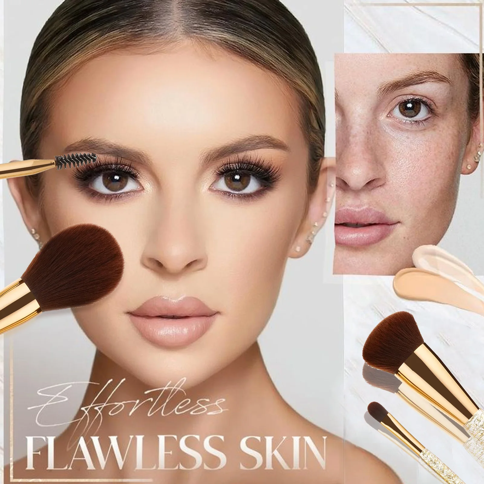 9 Stuks Bladgoud Make-Up Set Borstel Gezicht Borstel Concealer Foundation Borstel Wenkbrauw Borstel Een Universele Set Borstel