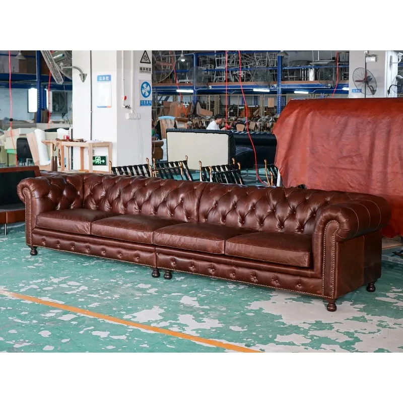 Brown Vintage Leather Chesterfield Sofa 4 Seater Button Tufted Couch with Nailhead Trim for Hotel Lobby Cafe Lounge Furniture