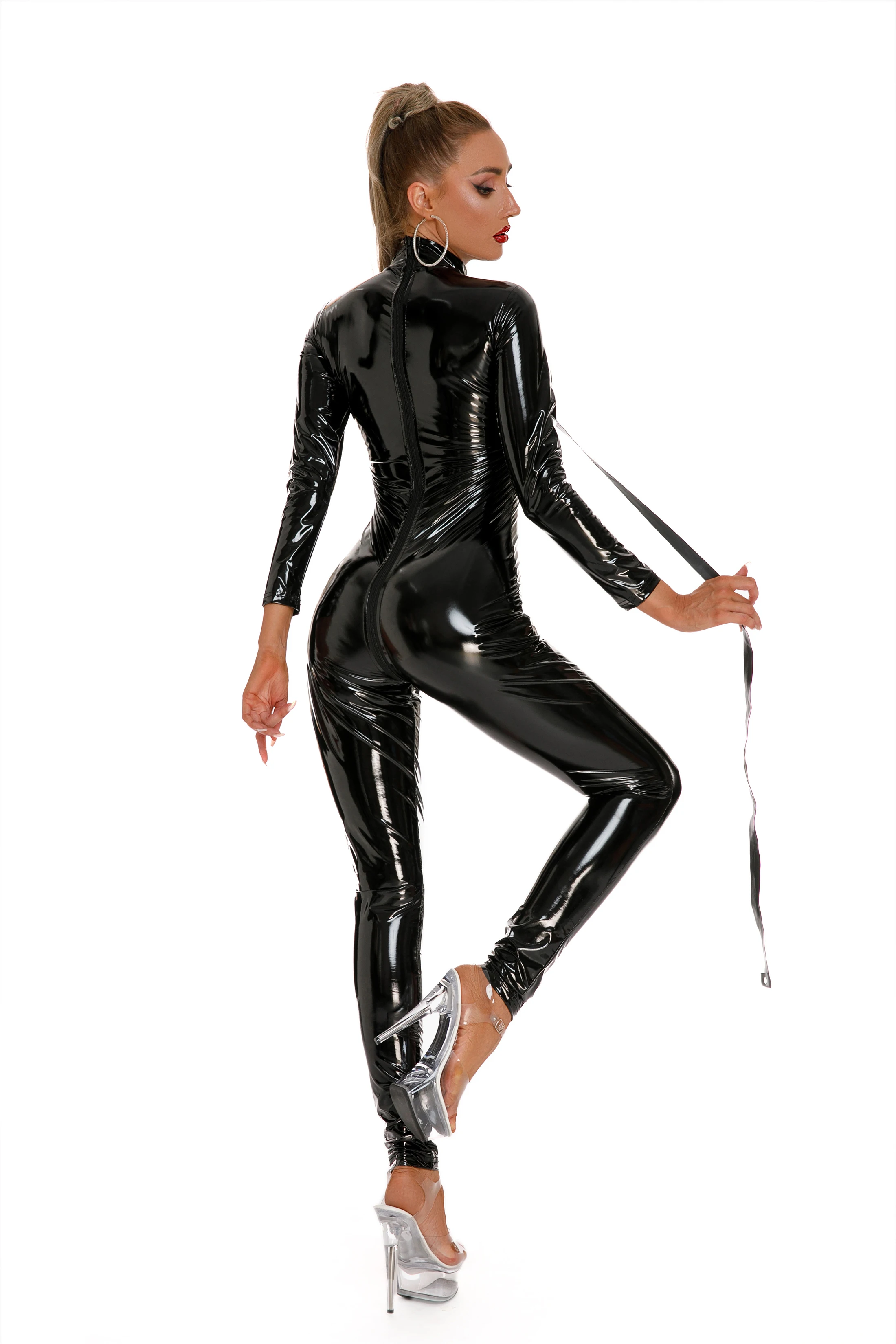 Sexy Womens Shiny Latex Catsuit with Leash Gloves Socks Set  Rubber Long Sleeves Zip-Around Open Crotch BDSM Fetish Jumpsuits