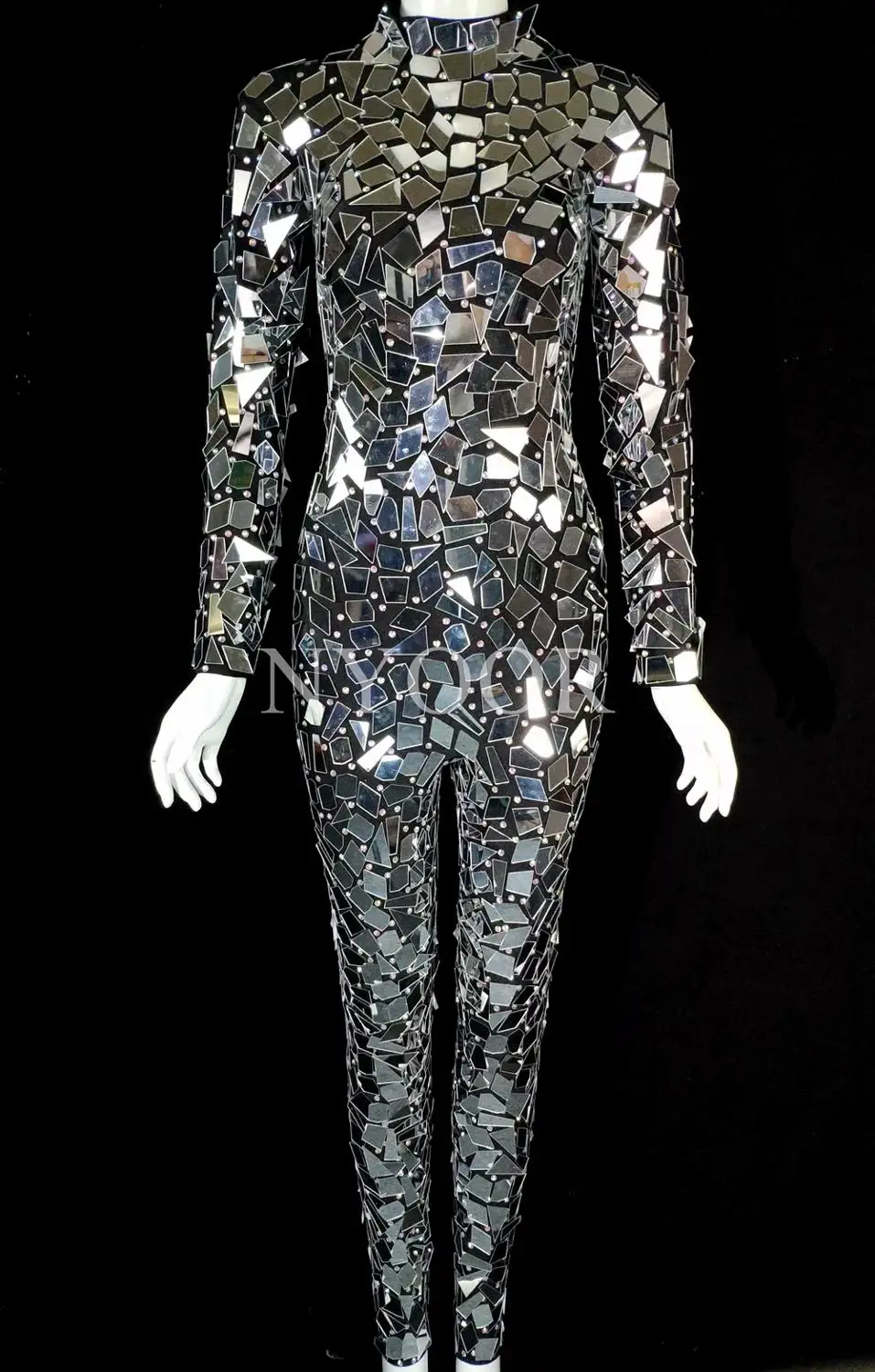 New Design Bling Full Mirrors Rhinestones Long Dress Women Evening Birthday Prom Celebrate Party Tail Dress Black Stage Costume