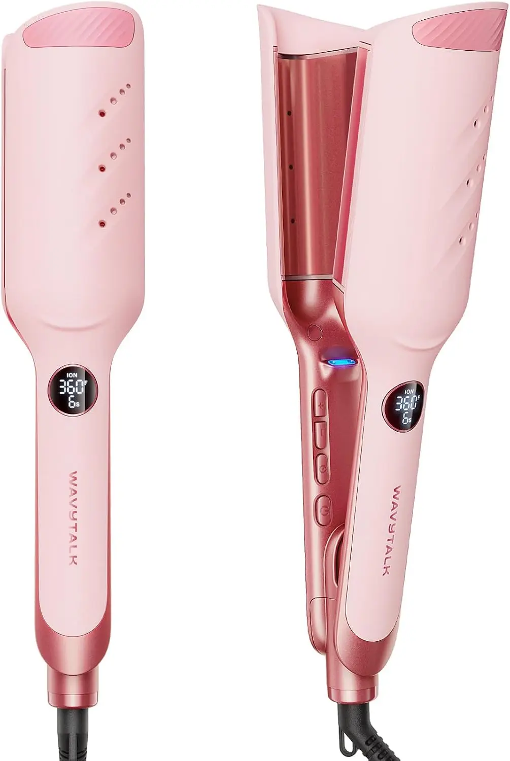 35mm Deep V-Shape Hair Crimper, Ionic Anti-Frizz, Dual Voltage, Adjustable Timer & Heat, Pink