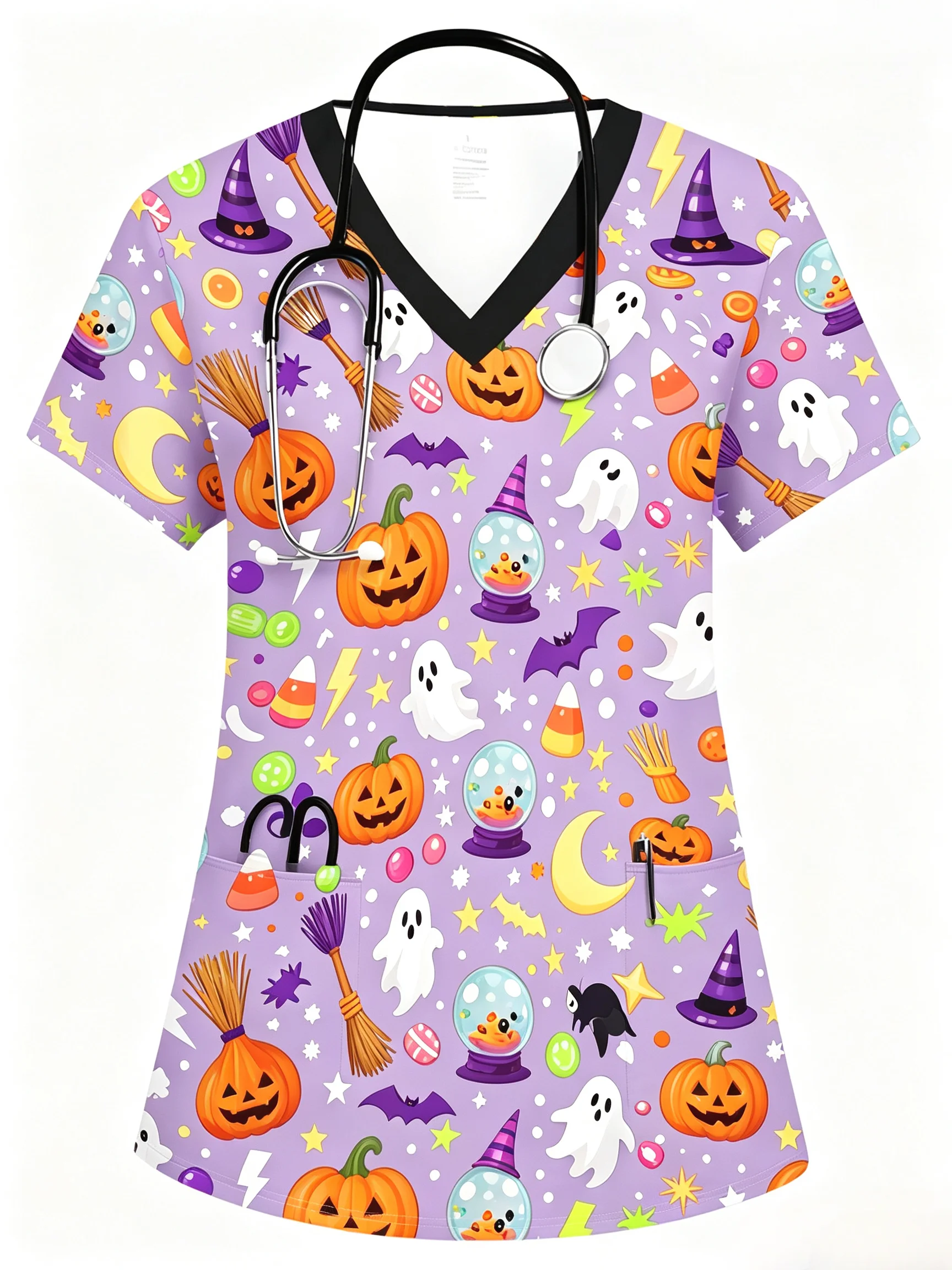 Damen-Halloween-Oberteil mit Aufdruck, Kürbis-Geister-Fledermaus-Muster, V-Ausschnitt, kurzärmelige Krankenschwester-Arbeitsuniform mit Taschen. – Detail 7