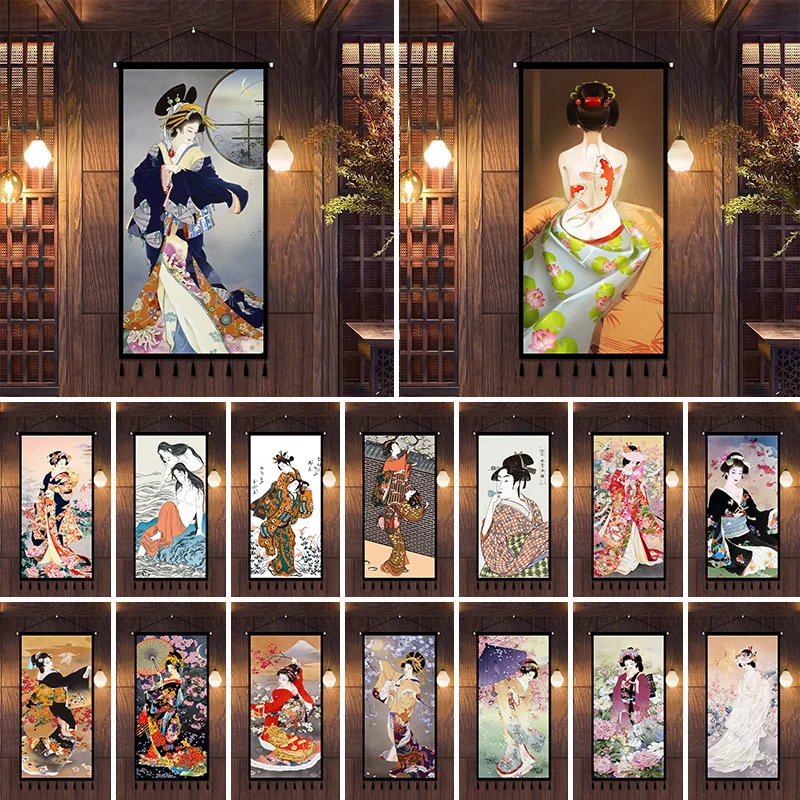 Vintage Japanese Geisha Kimono Ukiyo-e Woman Poster Retro Wall Art Canvas Pictures Restaurant Home Living Room Hanging Painting