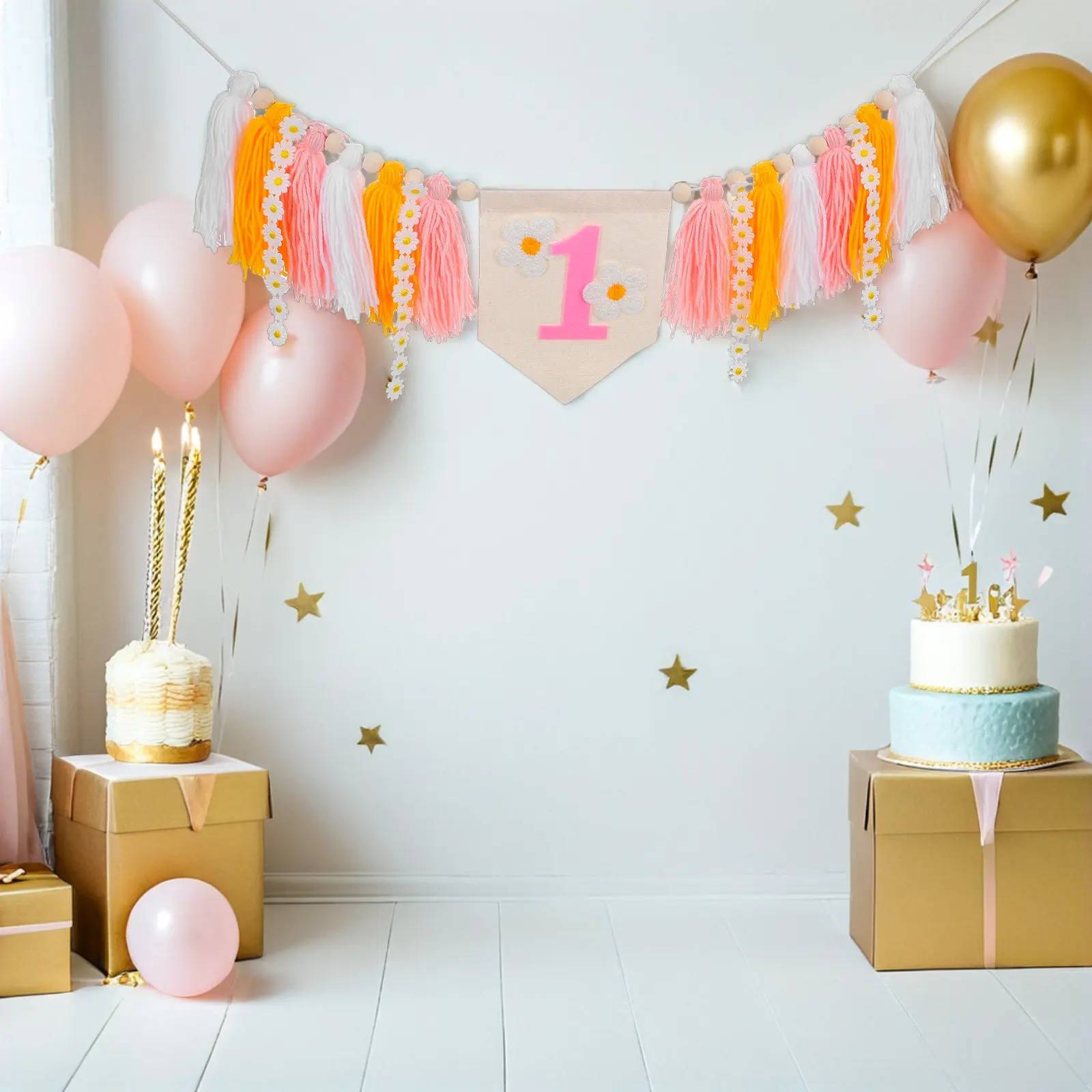 1Set Daisy Flower Table Decors Happy Birthday Banner for 1St Birthday High Chair Banner Tassel Boho Party Props Photo Booth view 2
