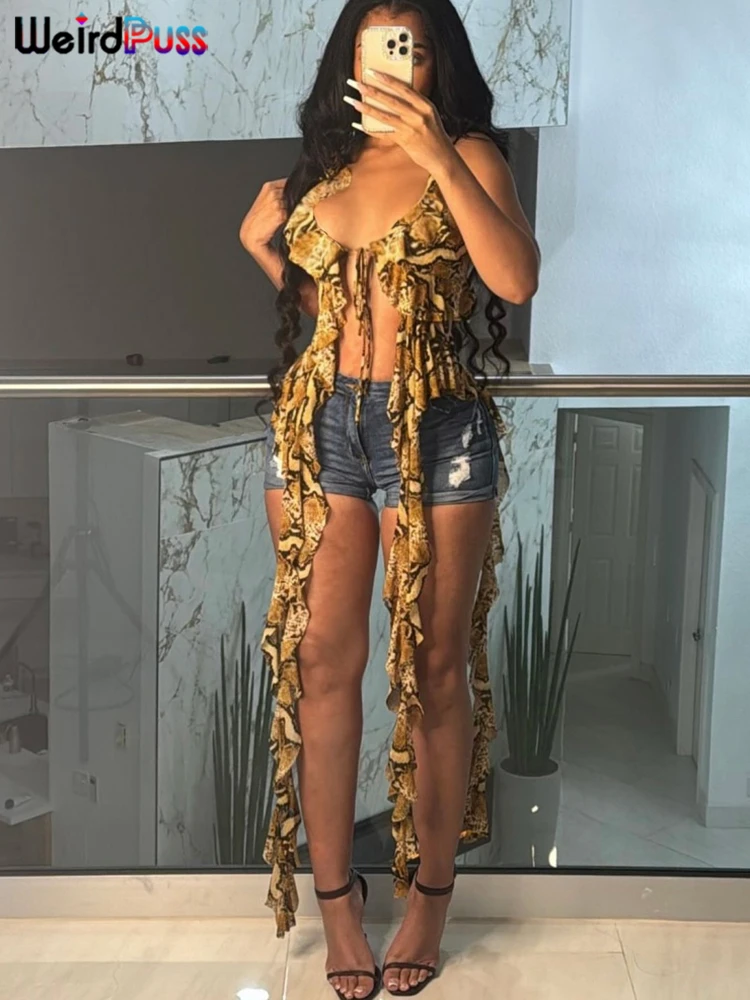 Weird Puss Ruffles flowers Tank Tops Women 2024 Beach Vacation Sexy Deep V-Neck Irregular Tassel Halter Backless Wild Camisole