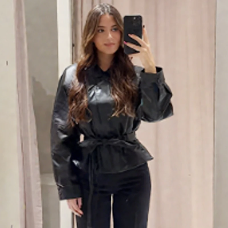 HXAO Women's Jackets Black Leather Jacket Woman Autumn Spring 2025 Chic Belt Crop Long Sleeve Coats Motorcycle Button Outerwears