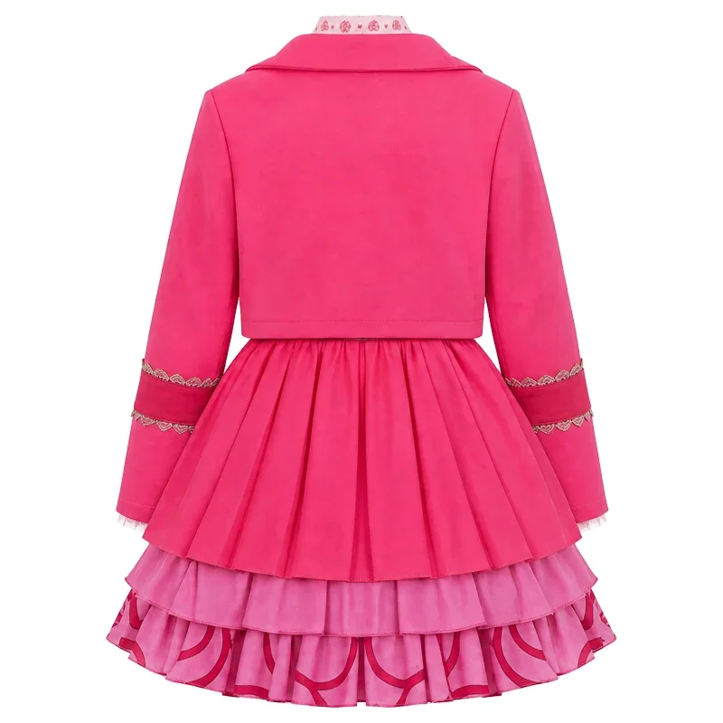 Descendants Wicked Wonderland Bridget Cosplay Costume Pink Wig Ruffle Tiered Skirt Jackets Shirt Heart Bag Women Fancy Dress Hal view 2