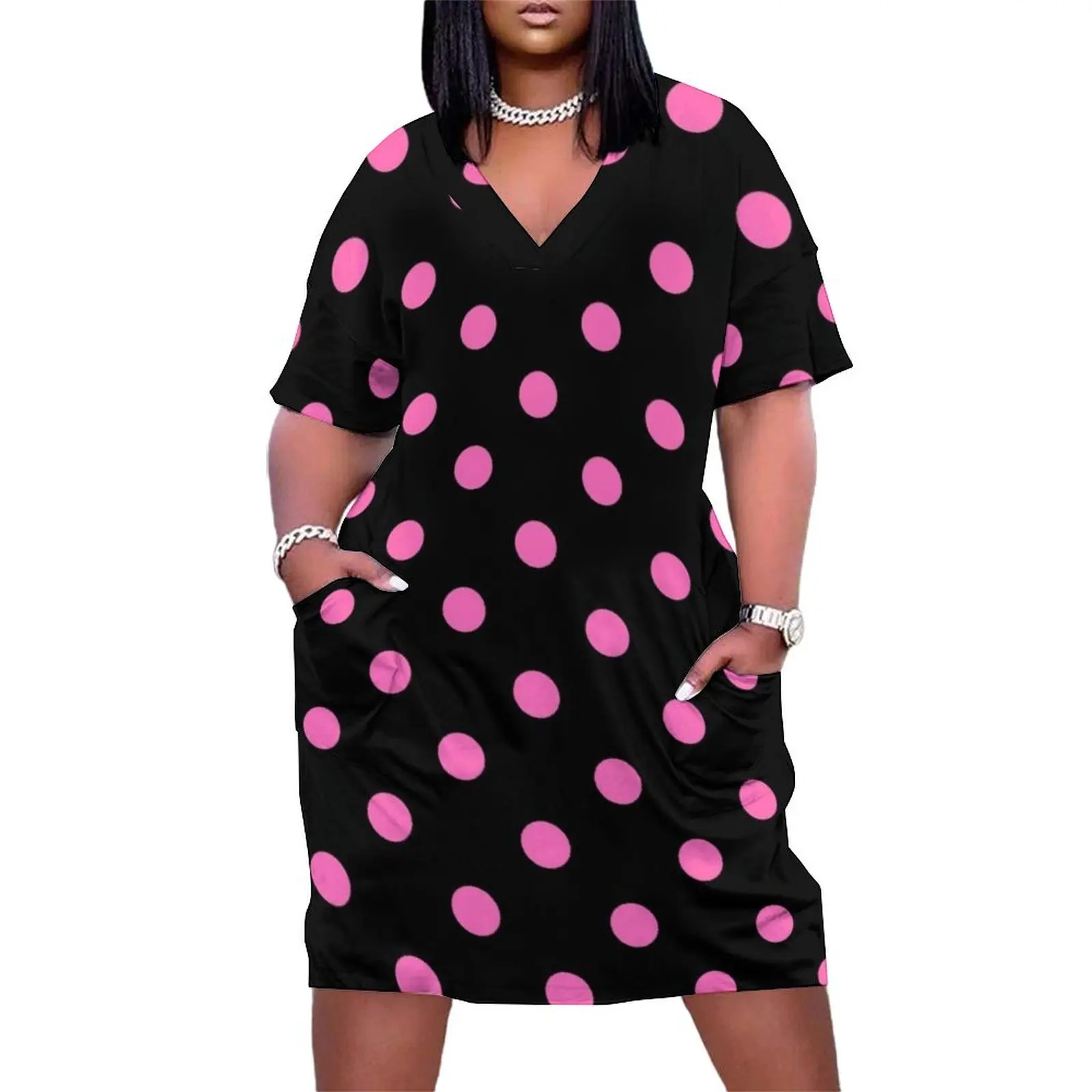 

Large Light Hot Pink Polka Dots on Black Loose Pocket Dress women's clothing trend 2025 Women's dresses dress summer 2025 women