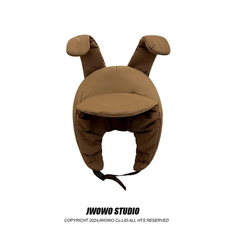 Cute Rabbit Ears Down Padded Lei Feng Cap for Men and Women Winter Riding Warm Ear Protection Solid Color Flight Bomber Hats