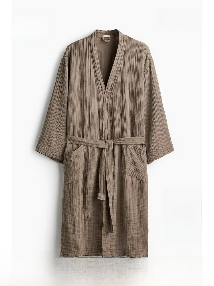 

H&M Women's Cotton Pajamas Long Sleeve Green Fruit Collar Home Clothes Robe Medium Length Sleepwear Soft Waist Belt