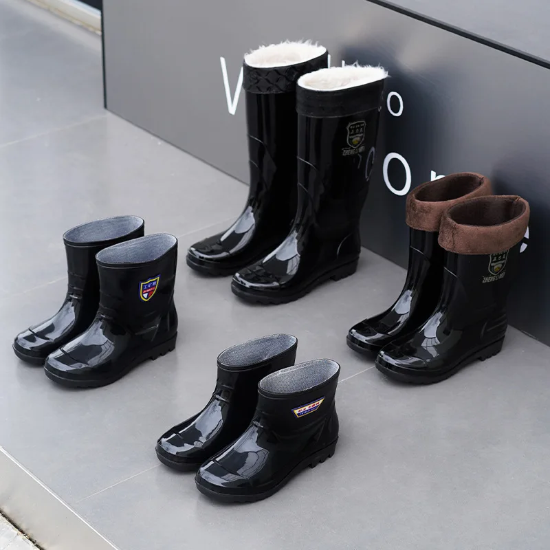 Men's High-Tube Rain Boots Thickened Anti-Slip Kitchen Gumboots Waterproof Acid-Resistant Velvet Cover Winter Season Pure Color