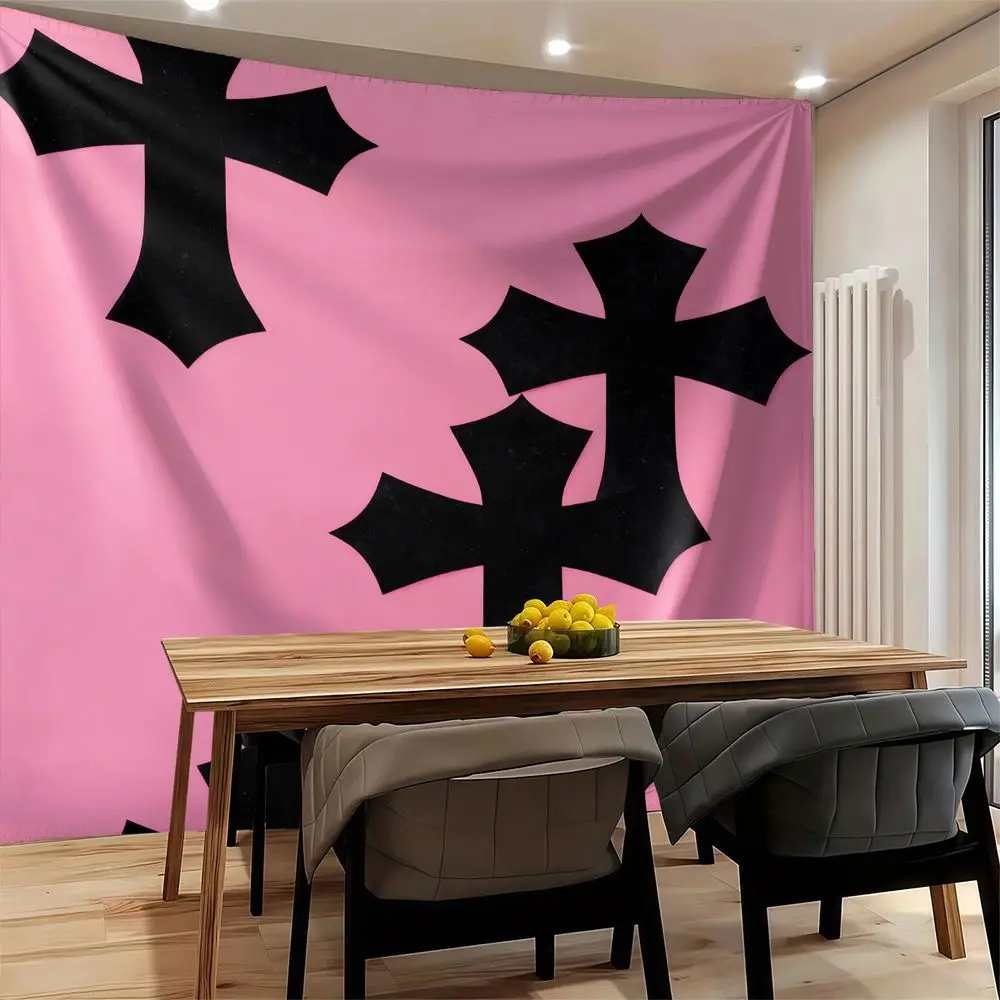 Black Cross Print Tapestry Wall Hanging Aesthetic Pink Wall Tapestry Digital Printed for Bedroom Living Room Decor