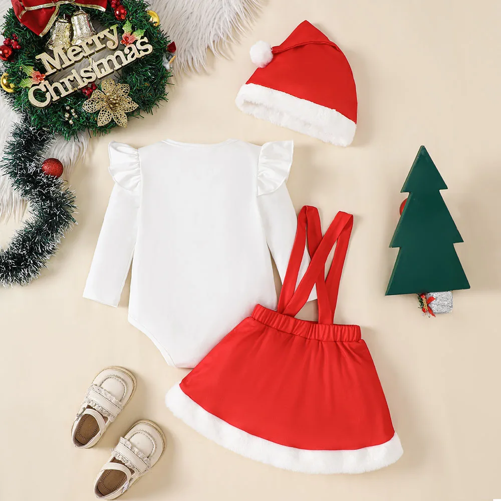 3pcs Christmas Infant Baby girl Clothes Cute 1st Letter print Bodysuit Solid color Suspender Dress sets with hat Girl outfits