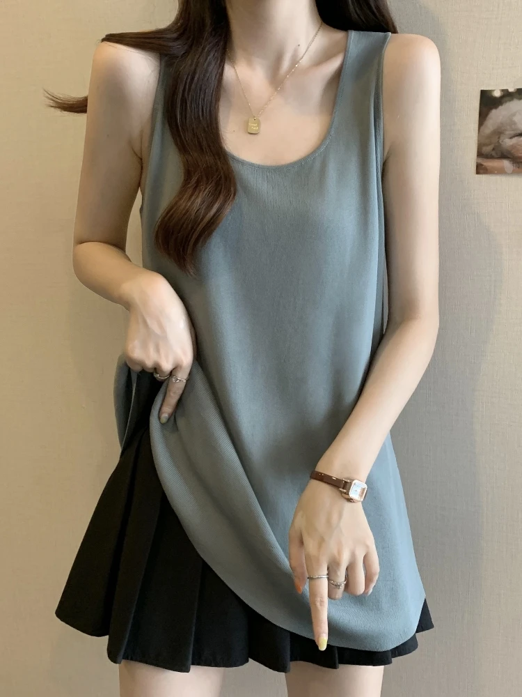 

Ice Silk Knitted Strap Vest Women's Summer Large Size Slimming Hide Belly U-Neck Sleeveless T-Shirt Top Comfortable Breathable