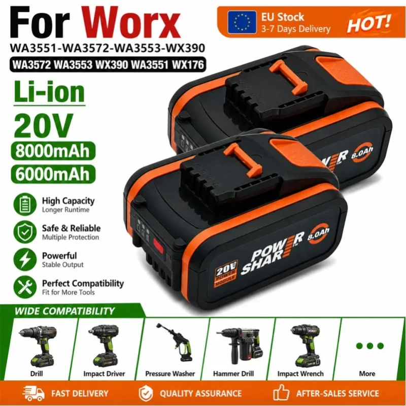 WA3553 20V 8000mAh Li-Ion Akku-Ersatzbatterie für Worx Elektrowerkzeuge WA3551 WX390 WX176 WX178 WX550 WX386 WX678 WG894E