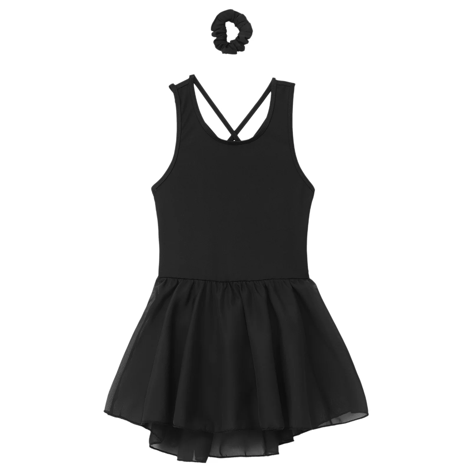 Kids Girls Latin Ballet Dance Costume Crisscross Back Sleeveless Solid Color Dress Set for Gymnastics Stage Performance Practice