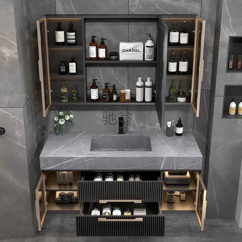 GQ Rock Slab Integrated Double Basin Bathroom Cabinet Solid Wood Simple Light Luxury Wall Mounted Vanity Sink Combo