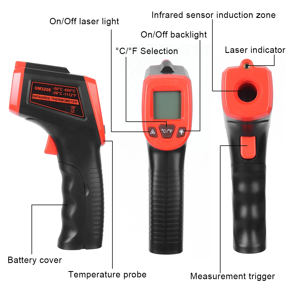 Termómetro infrarrojo láser, medidor de temperatura, pistola de punto láser sin contacto-50 ~ 600 °C, LCD Digital, termómetro electrónico Industrial