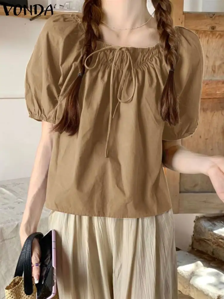 VONDA 2024 Summer Women Fashion Blouses Elegant Shirts Round Neck Short Puff Sleeve Tunic Tops Casual Loose Blusas Femininas