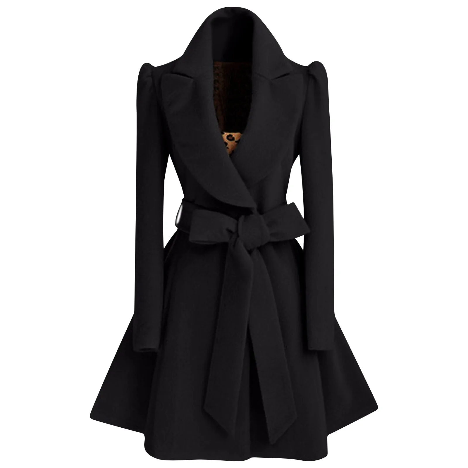 Women\'s Woolen Coat Autumn Winter Elegant Long Sleeve Turn-Down Collar Lace Up Trench Coat Korean Fashion Slim Waist Overcoat