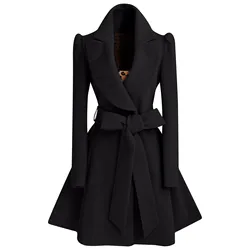 Women's Woolen Coat Autumn Winter Elegant Long Sleeve Turn-Down Collar Lace Up Trench Coat Korean Fashion Slim Waist Overcoat