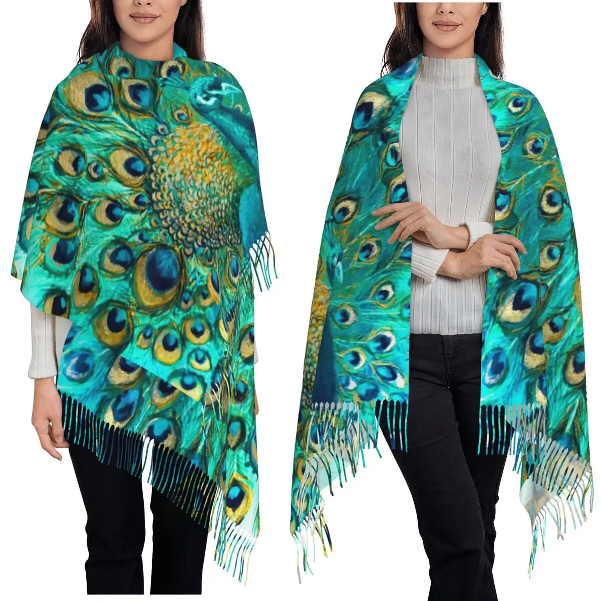 

Цветной шарф с аква-павлиньими перьями, шарфы с кисточками, женские мягкие теплые шали и накидки, большая осенне-зимняя шаль
