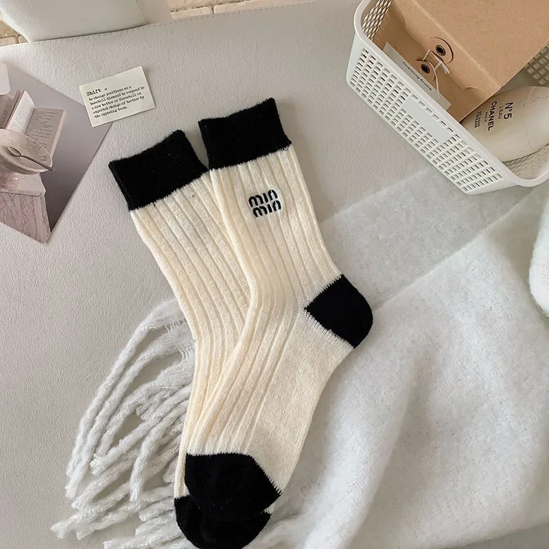 2 Pairs Black White Wool Socks For Women Winter Knitted Thickened Warm Middle Tube Stacked Socks Embroidered Letters Cute Socks