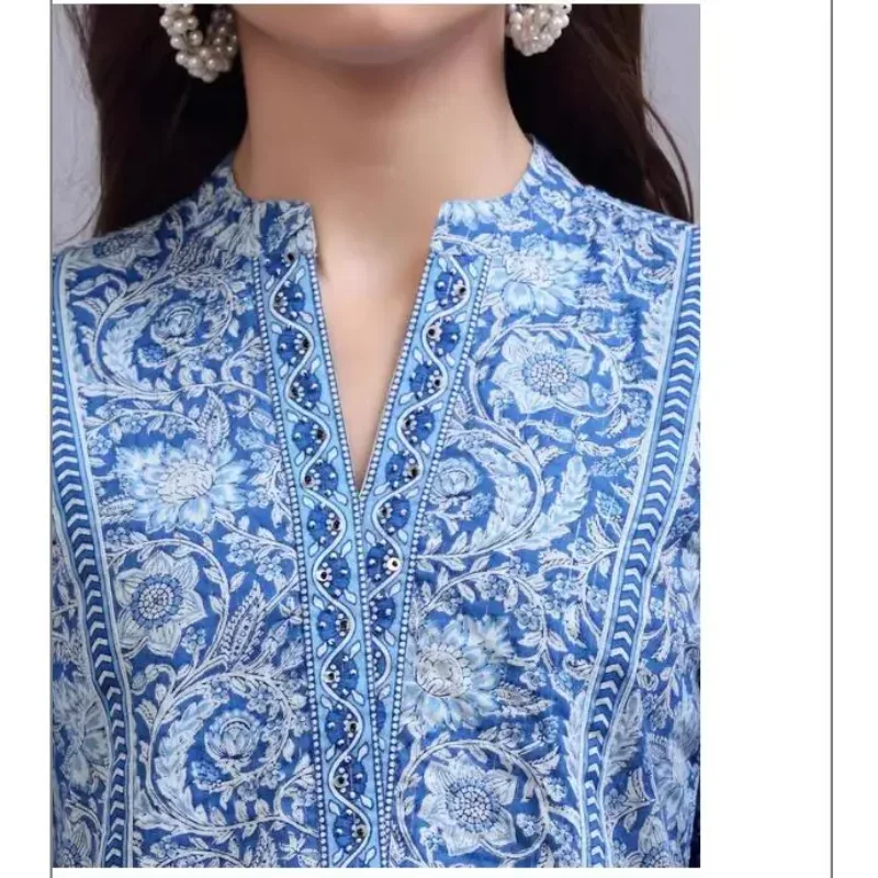 Ropa tradicional india para mujer, Top de algodón puro con cuello en V estampado de estilo étnico