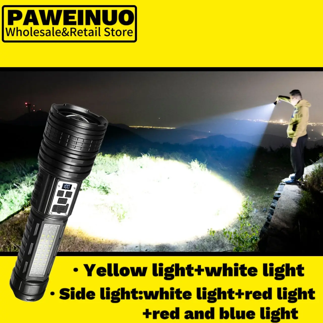 مصباح يدوي عالي الطاقة في الهواء الطلق المدمج في البطارية مصباح يدوي تكتيكي أحمر أزرق وأبيض ثلاثة ألوان فانوس ضوء جانبي للطوارئ