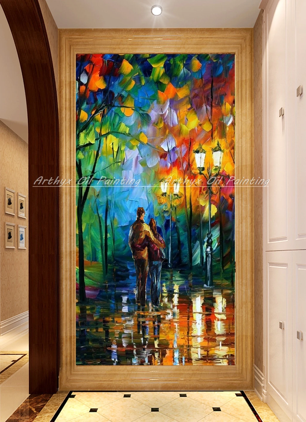 100% Handpainted Knife Night Street View Oil Painting on Canvas,Modern Wall Art Abstract Picture for Living Room,Home Decoration