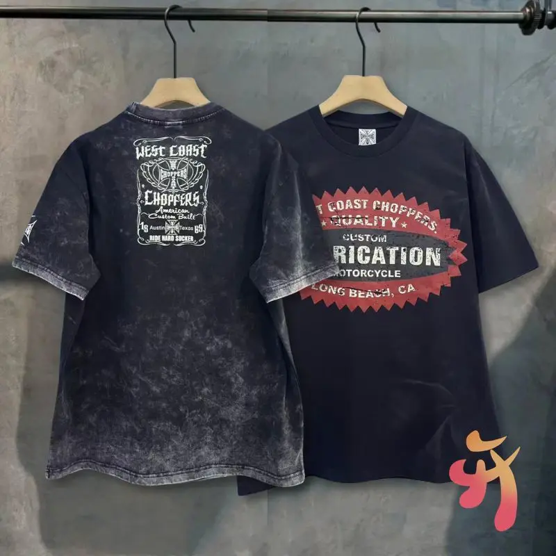 26ss Summer Vintage Washed Black West Coast Choppers Tshirts Skeleton Wings Graffiti Letters Cross Logo Short Sleeve Men Women