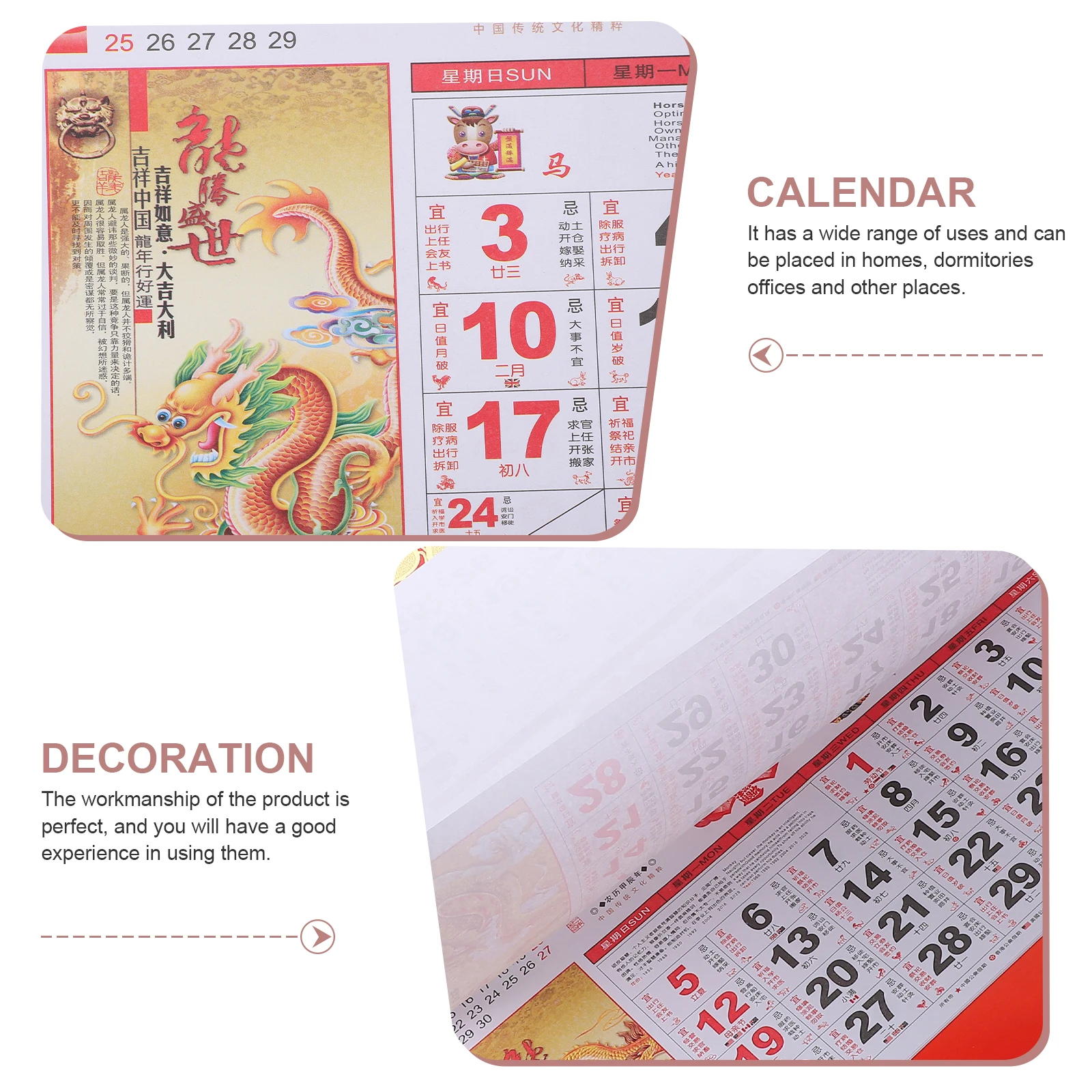 

2024 Traditional Chinese Dragon Year Wall Hanging Calendar Paper Material Lunar Date Monthly Planner Decorative Home Office