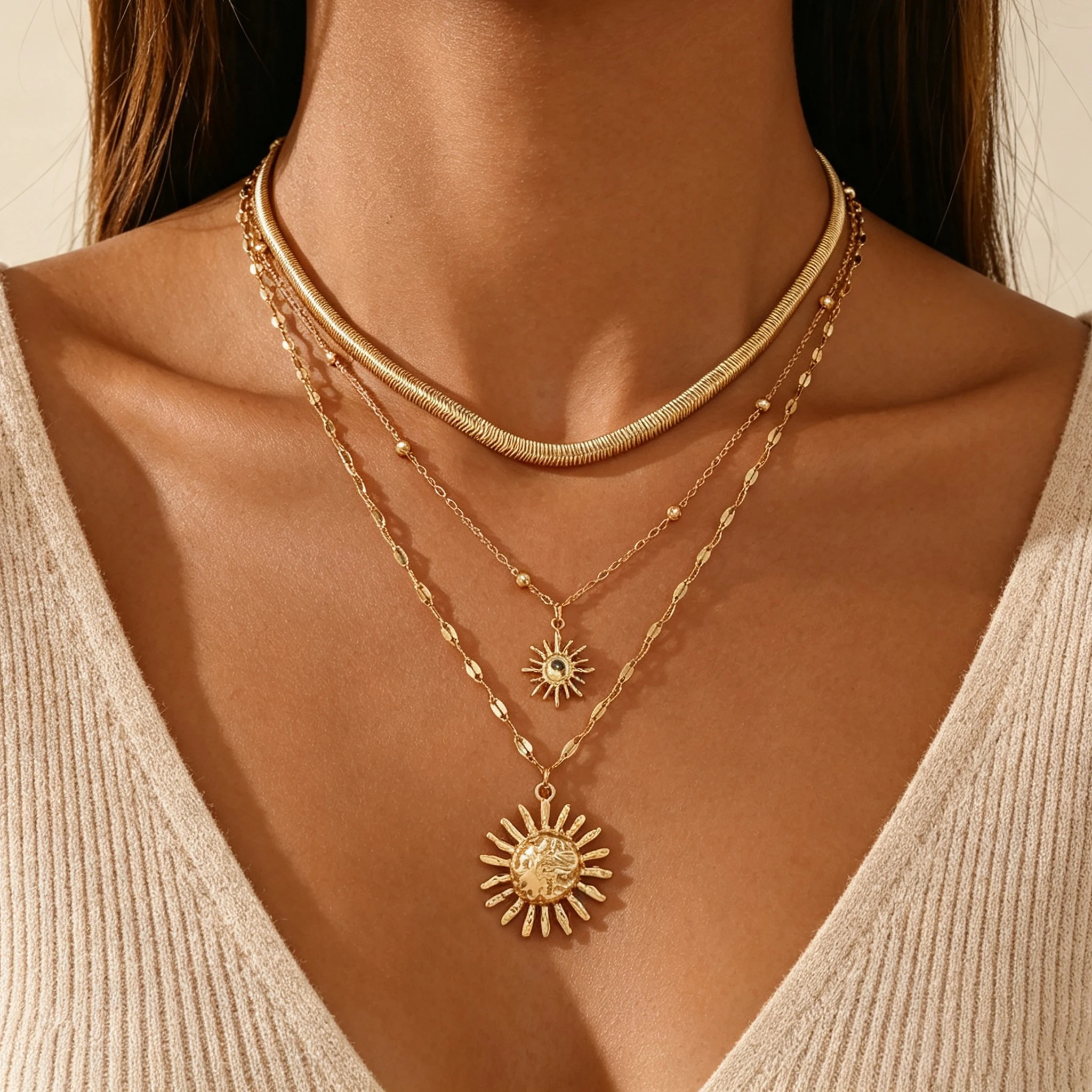 Gold 3‑Layer Snake Chain Choker Necklace for Women Sun Pendant Adjustable Alloy Vintage Stacking Daily‑wear Neck Jewelry Gift