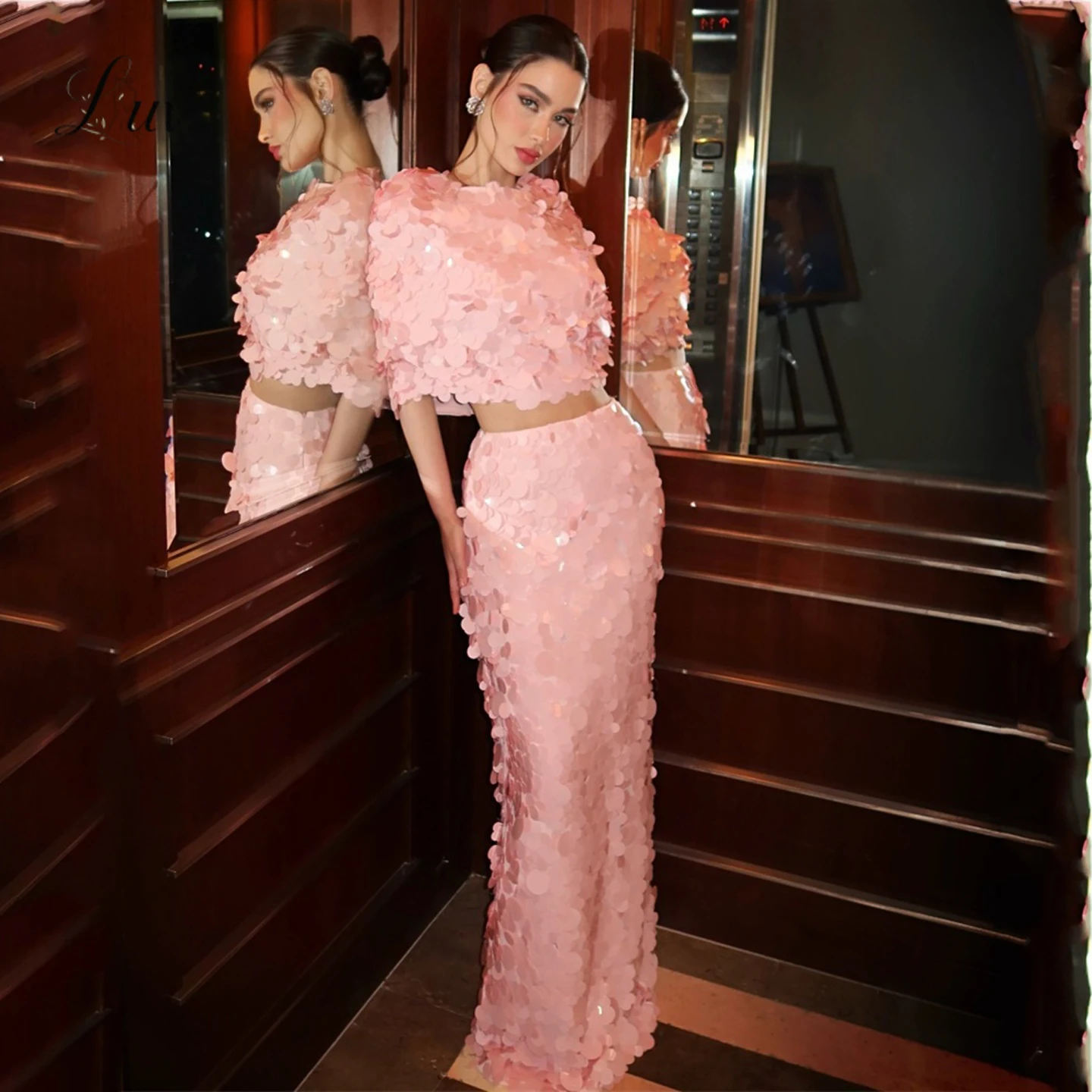 Luv Sexy Pink Sequin Two Piece Round Neck Crop Top Mermaid Long Evening Dress Elegant Formal Prom Gown For Party 2027 Customized
