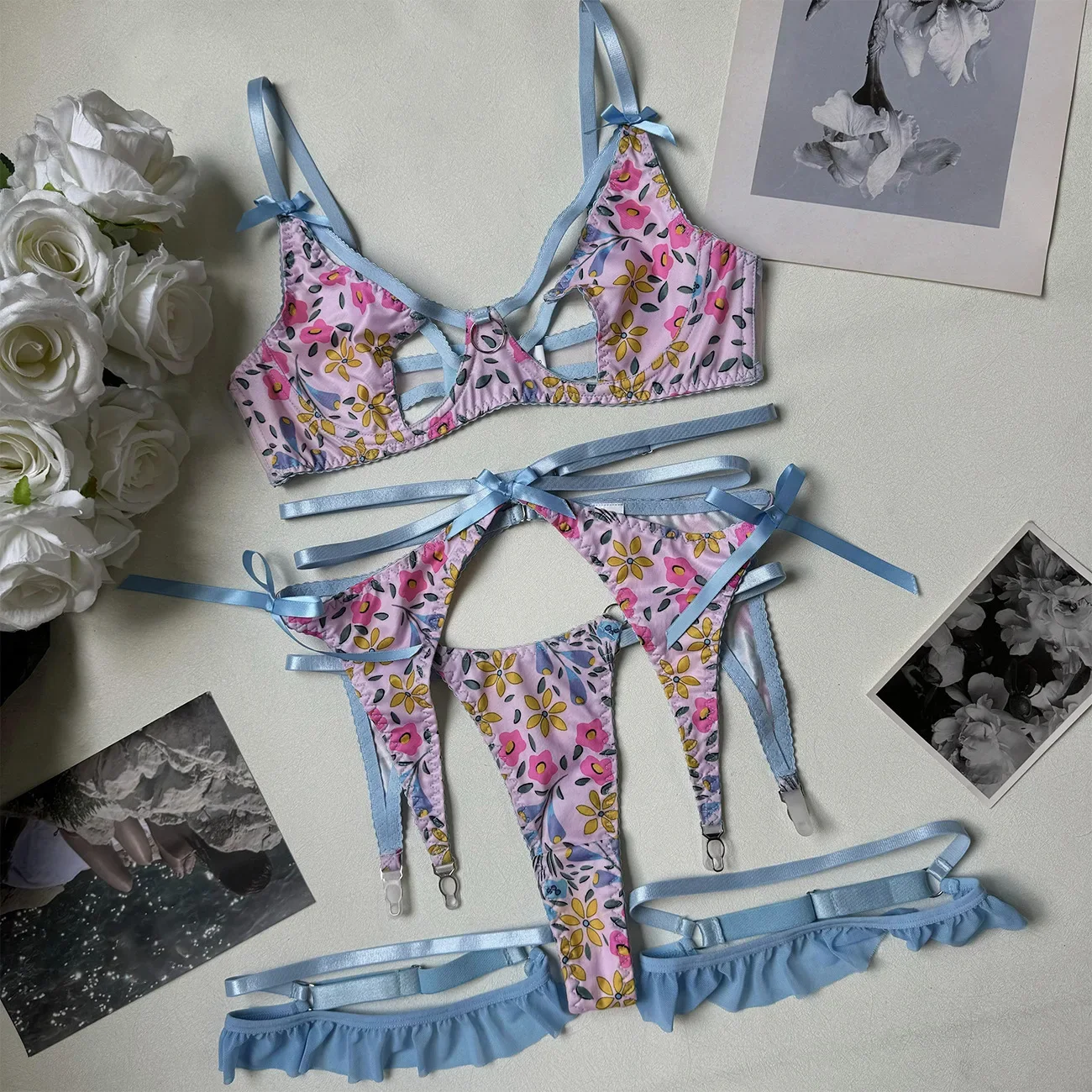 Fantasia floral lingerie impressão atraente suspensórios no peito sutiã sem costura ultra quente 4 peças conjunto roupa interior sexy conjuntos adultos