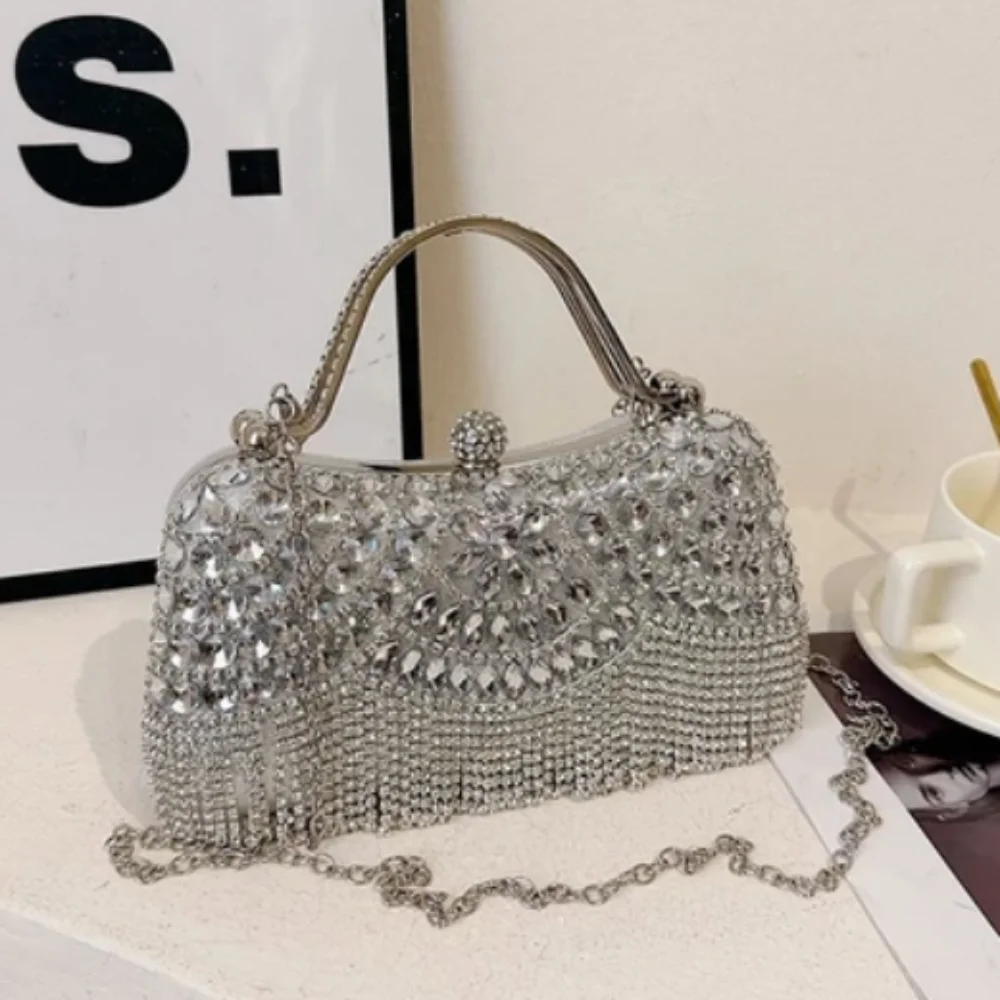 

Elegant Tassel Evening Clutch Purse Chain Sparkling Handbag with Diamond Square Clutch Bag Wedding Occasion