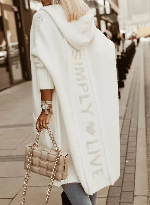 

2025 Autumn and Winter New Sweater Cardigan Lapel Hooded Long Letter Wool Loose Knit Coat Women Cardigan