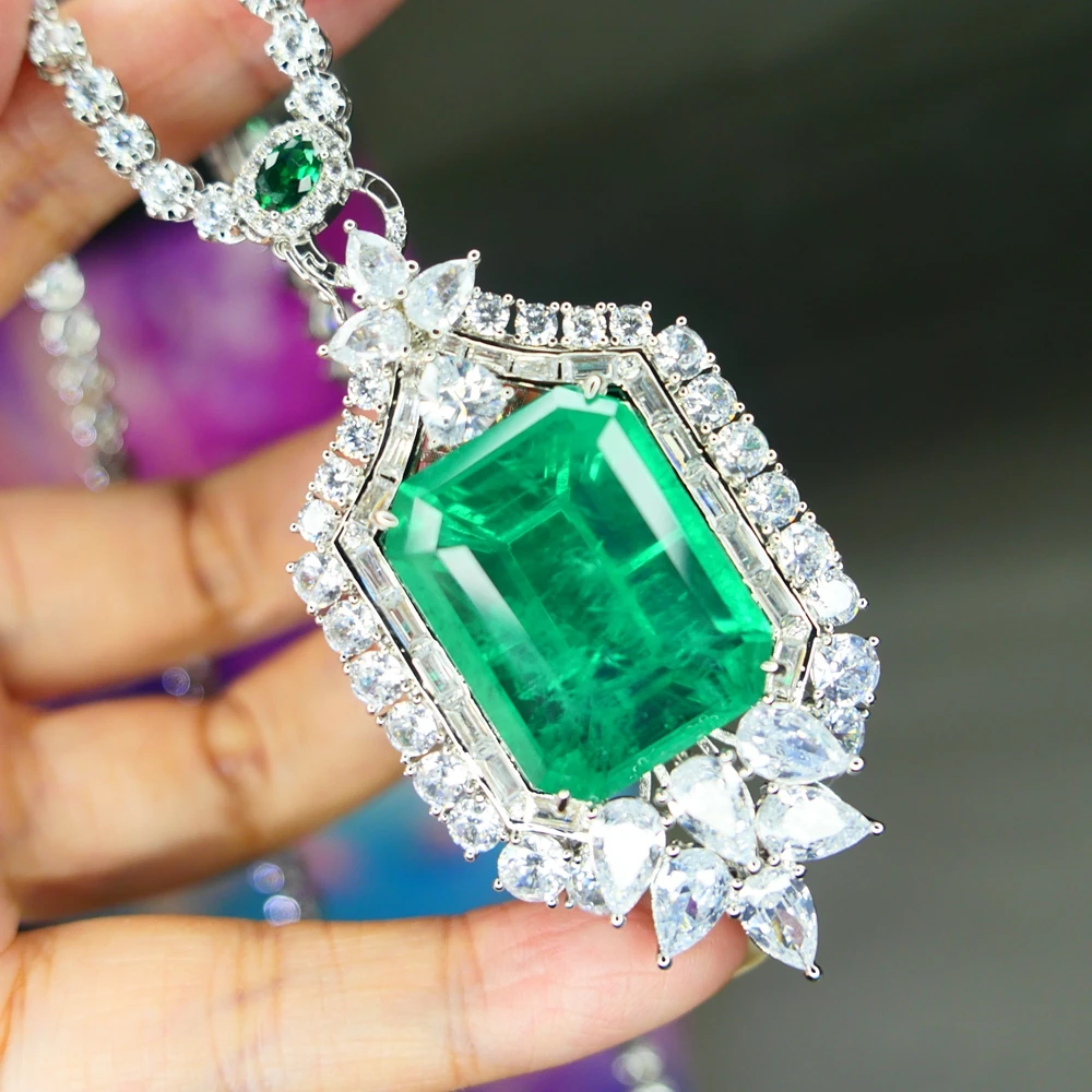 KQDANCE Large 20*26mm Green Stone Lab Emerald Pendant For All-matching CZ Diamonds Tennis Chain Necklaces Wedding Jewelry Woman