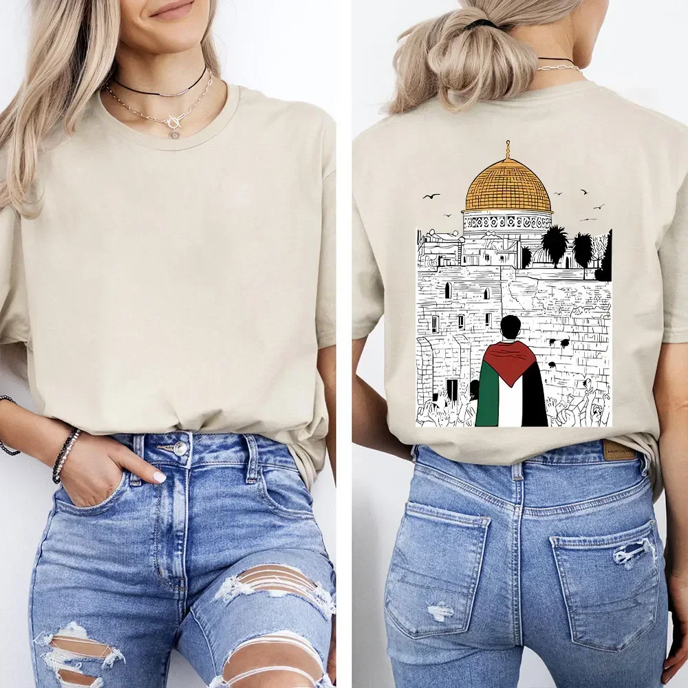 

2025 Ramadan Cotton Tshirt Al Aqsa Mosque Print Unisex Streetwear Y2K Loose Tee Islamic Fashion Summer Casual Tops Gift