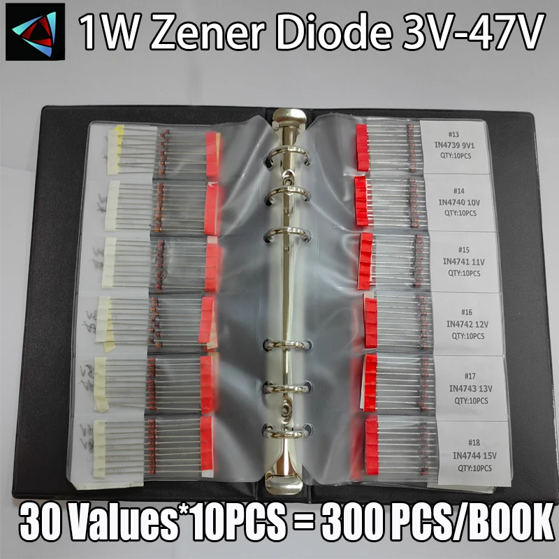 1W dioda zenera 3V-47V 30 wartości x 10 sztuk = 300 sztuk, IN4730-IN4756 pakiet komponentów elektronicznych wybrane elementy Book