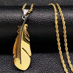 Hip Hop Feather Stainless Steel Long Necklace for Men Gold Color Male Chain Necklace Jewelry Gift colar masculino N1039-QKCS02