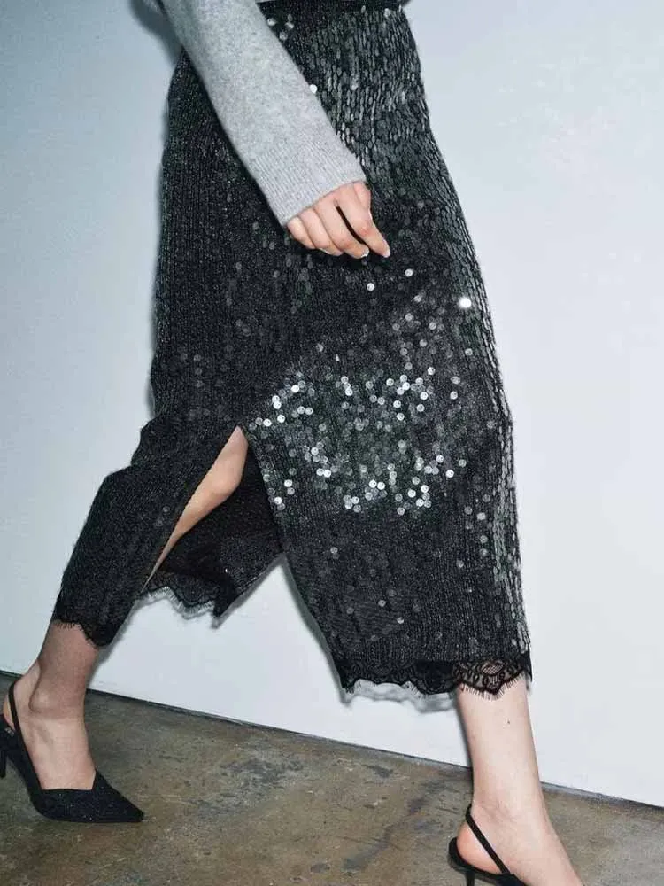 النمط الأوروبي والأمريكي الشتاء أزياء جديدة تصميم الملابس النسائية تنورة ميدي الدانتيل مطرزة